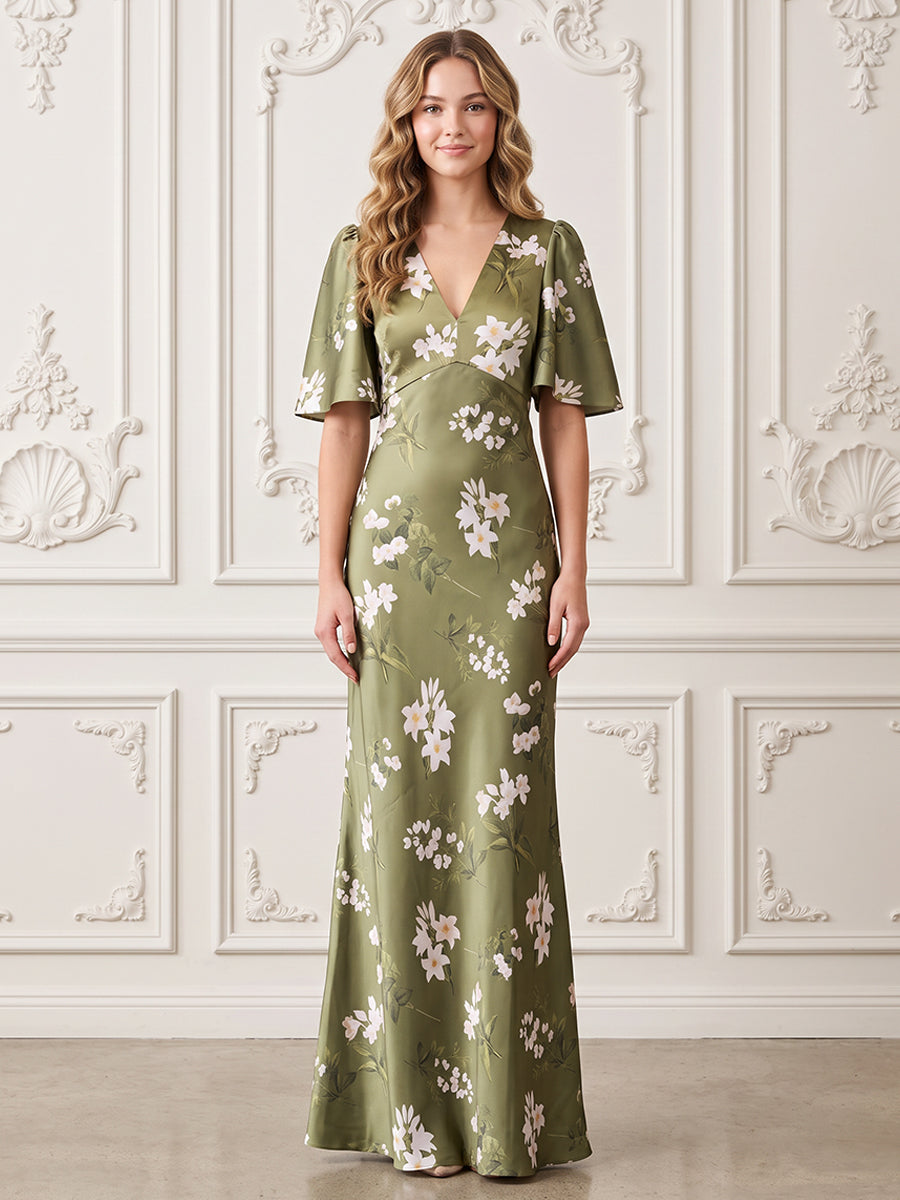 Satin Sheath V Neck Floral Print Formal Dresses