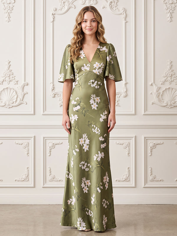 Satin Sheath V Neck Floral Print Formal Dresses