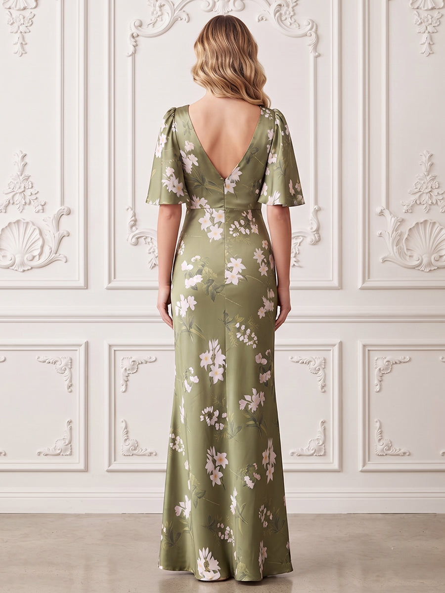 Satin Sheath V Neck Floral Print Formal Dresses