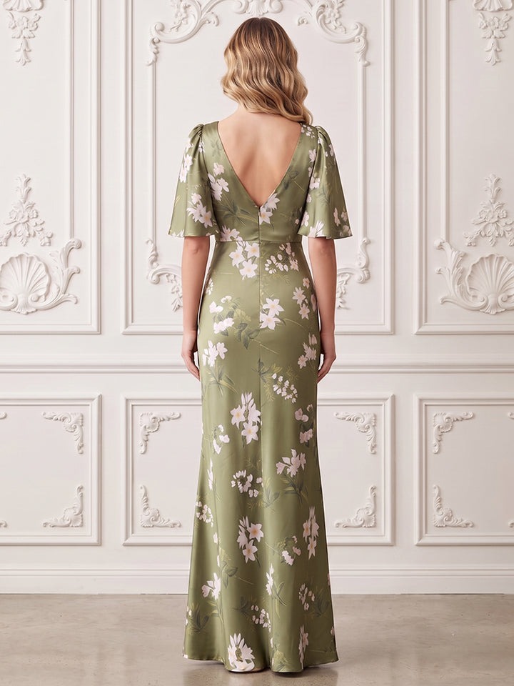 Satin Sheath V Neck Floral Print Formal Dresses