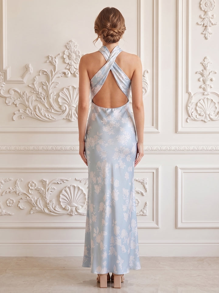 Satin Sheath Halter Floral Print Formal Dresses