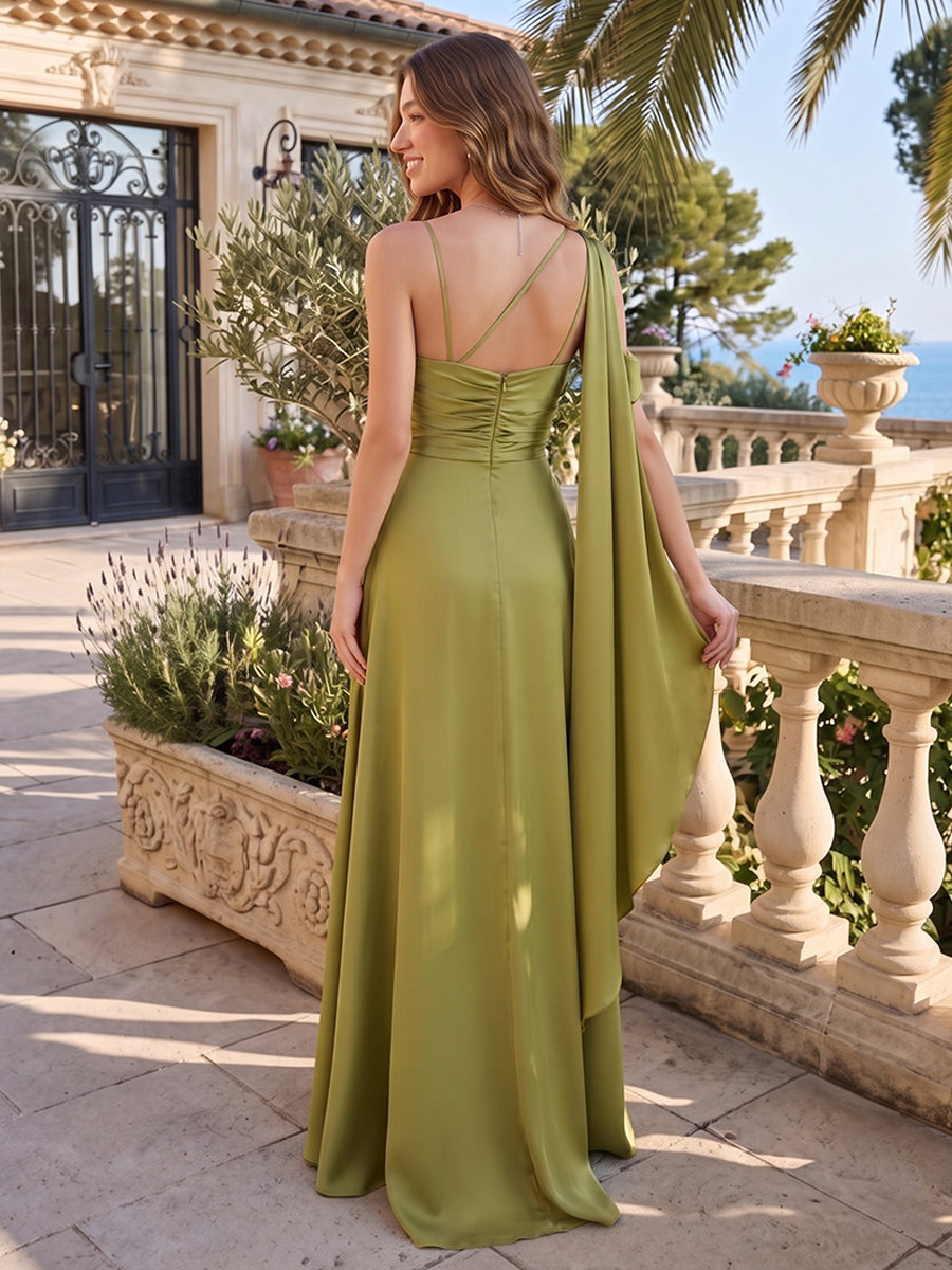 Satin Sheath One Shoulder Pleats Asymmetrical Formal Dresses