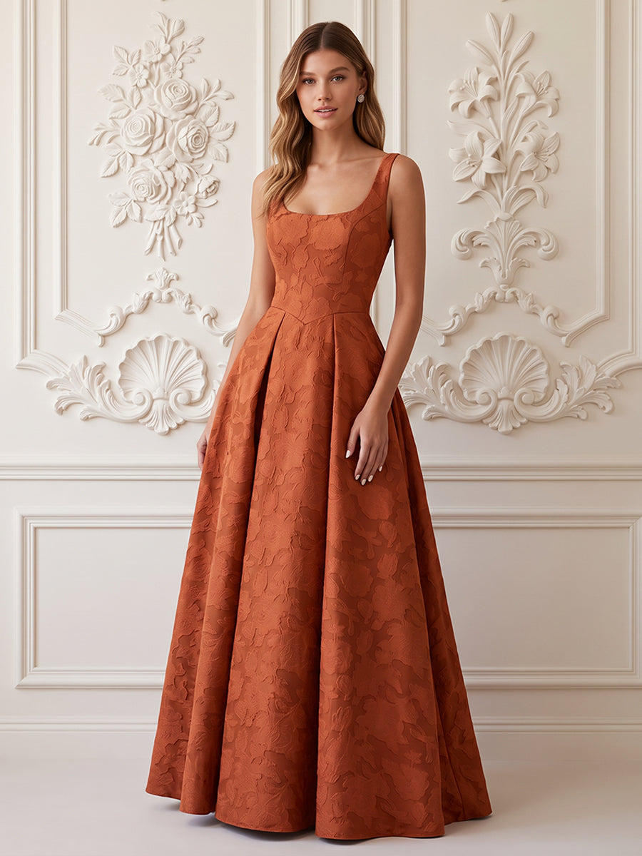 Jacquard A Line Spaghetti Straps Scoop square neck Formal Dresses