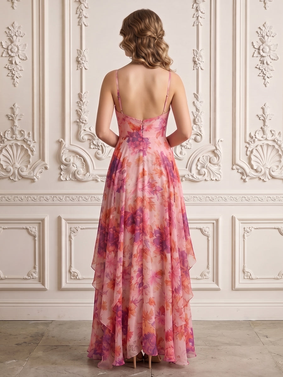 Chiffon A Line Spaghetti Straps Floral Print Ruffles Formal Dresses