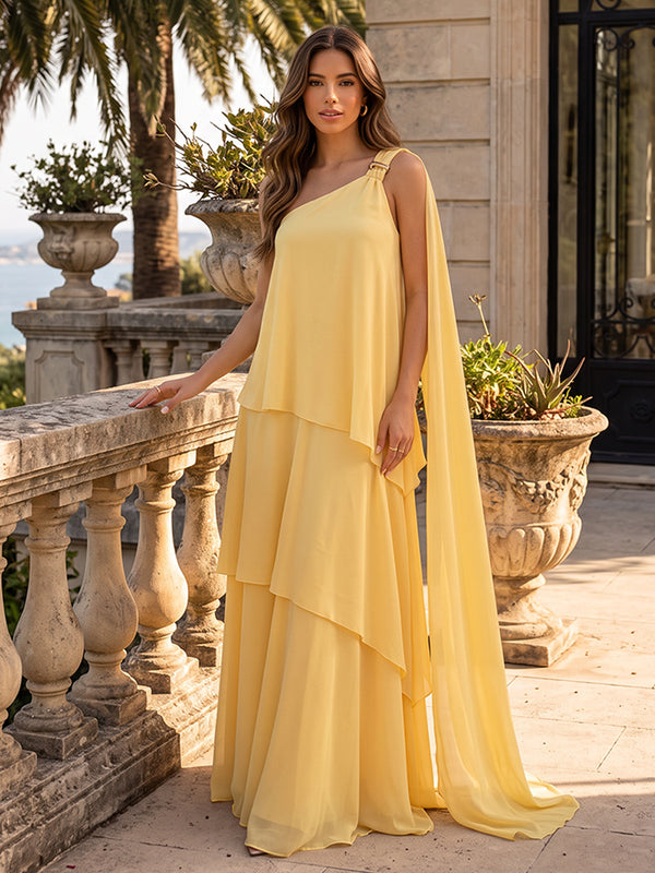 Chiffon A Line One Shoulder Tiered Formal Dresses