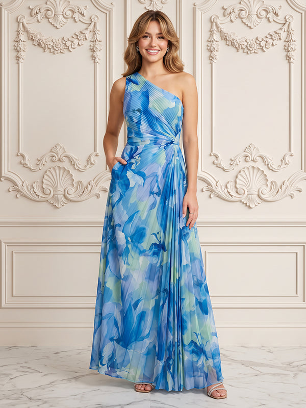 Chiffon A Line One Shoulder Pleats Floral Print Formal Dresses