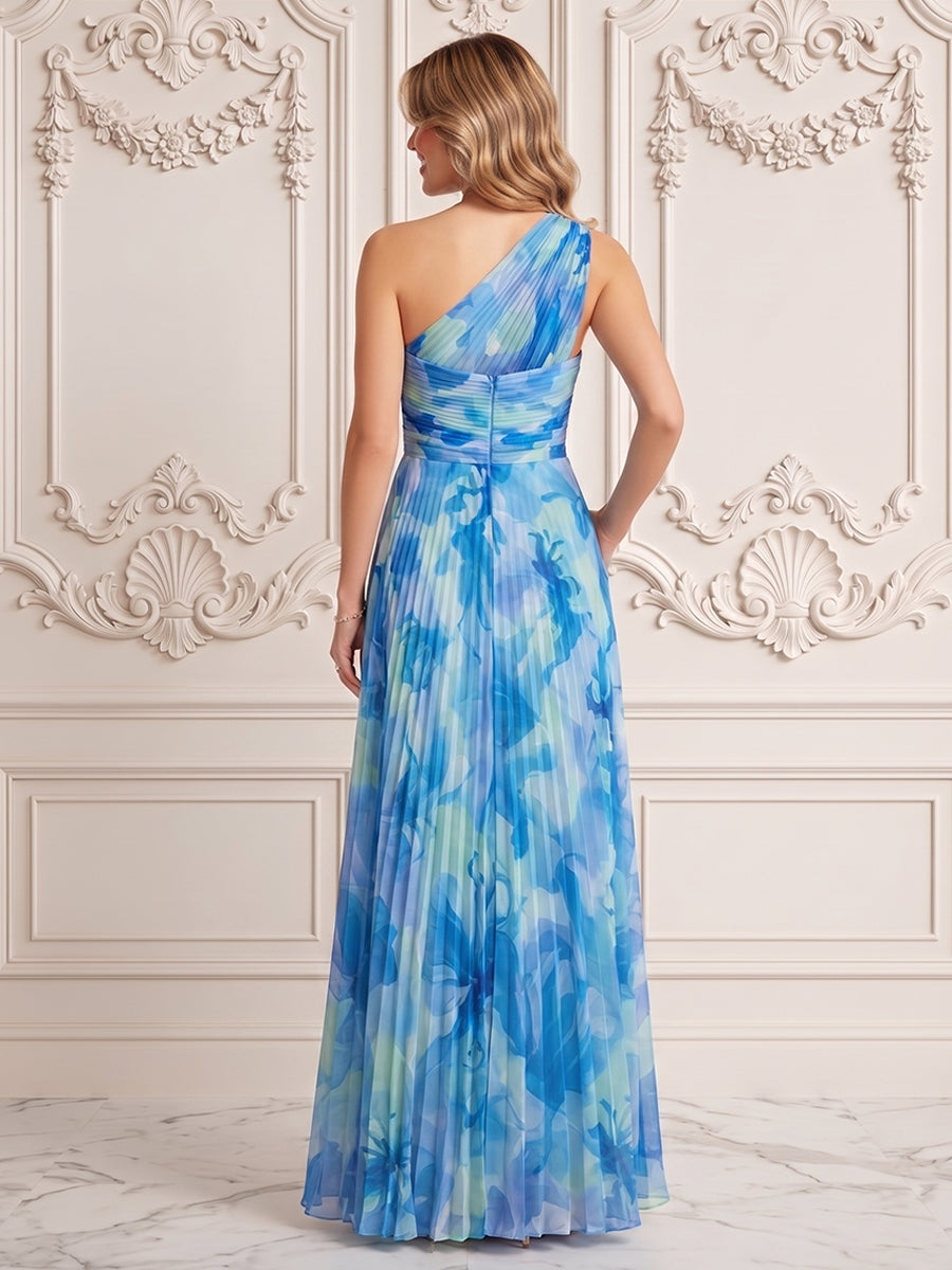 Chiffon A Line One Shoulder Pleats Floral Print Formal Dresses