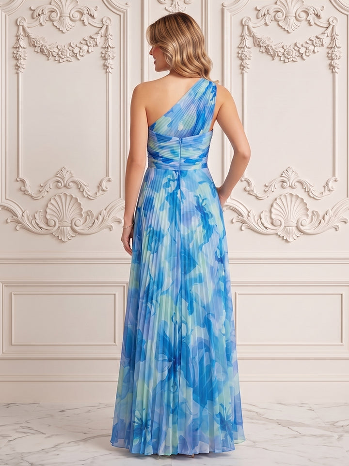Chiffon A Line One Shoulder Pleats Floral Print Formal Dresses
