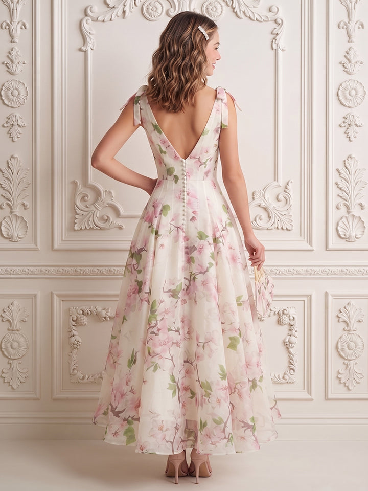 Chiffon A Line Spaghetti Straps Pleats Deep V Backless Formal Dresses