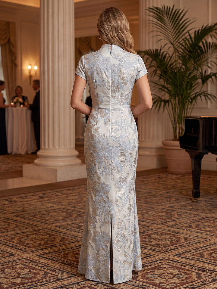 Satin Jacquard Mermaid Stand Collar Floor Length Ruched Waist Formal Dresses