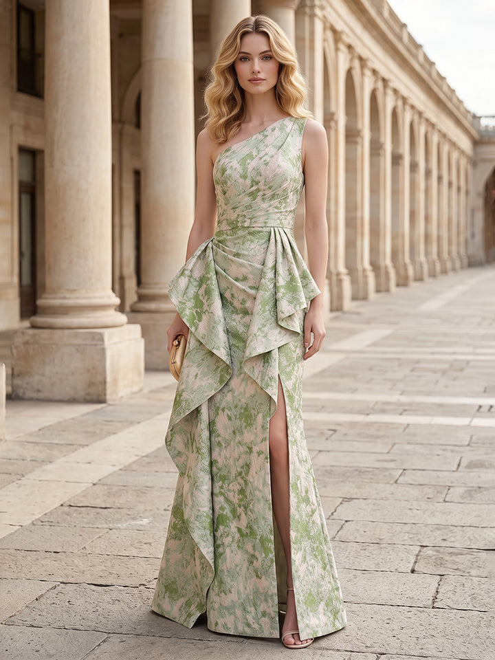 Satin Jacquard Sheath One Shoulder Floor Length Ruched Formal Dresses