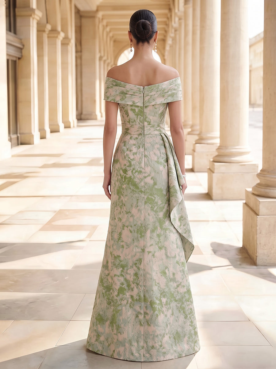 Satin Jacquard A Line Off the Shoulder Floor Length Ruffles Formal Dresses