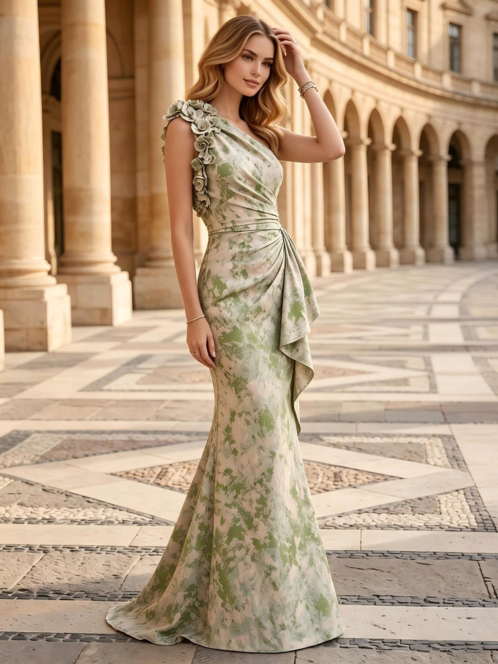 Satin Jacquard Mermaid One Shoulder Floor Length Ruched Formal Dresses