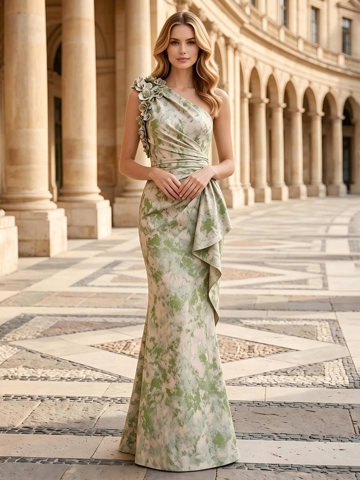 Satin Jacquard Mermaid One Shoulder Floor Length Ruched Formal Dresses