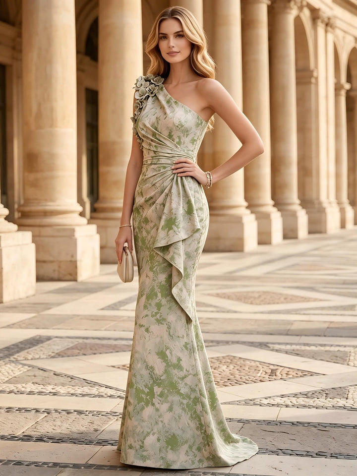 Satin Jacquard Mermaid One Shoulder Floor Length Ruched Formal Dresses