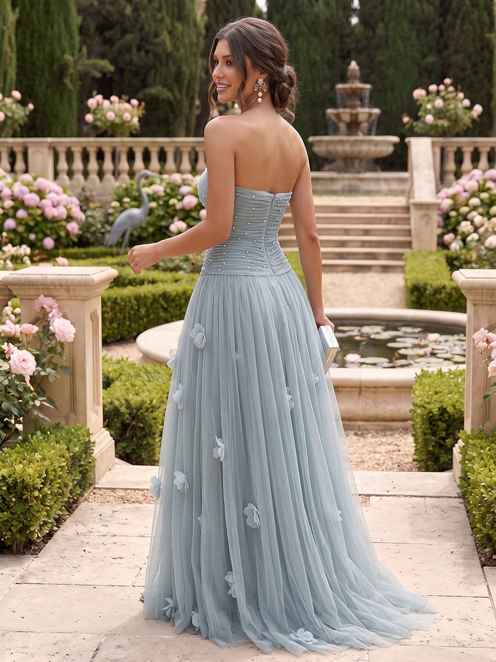 Tulle A Line Strapless Floor Length Ruched Formal Dresses