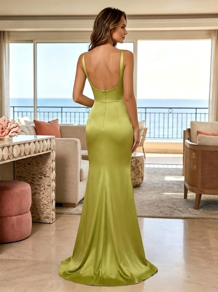 Satin Mermaid Square Neck Floor Length Ruched Formal Dresses