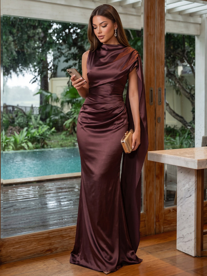 Satin Sheath Round Neck Floor Length with Cape Formal Dresses