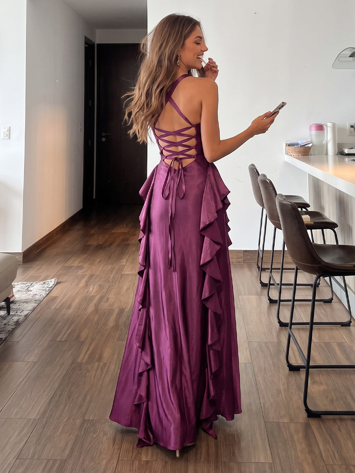 Satin A Line Halter Floor Length Ruffles Formal Dresses