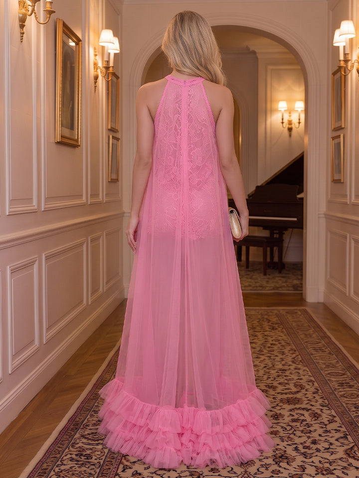 Tulle Kaftan Halter Hi Lo Ruffles Formal Dresses