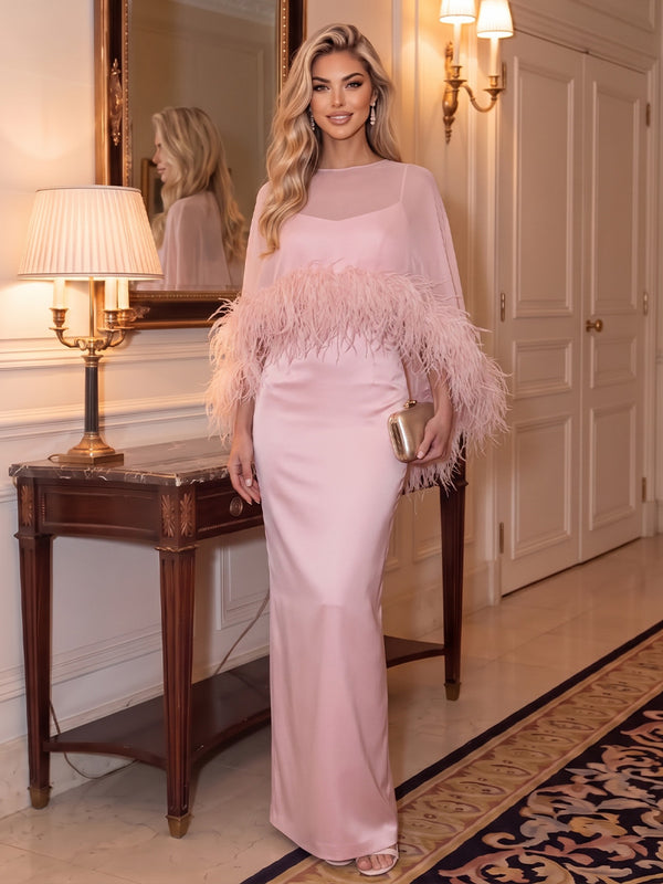 Satin Sheath Feather Spaghetti Straps Floor Length with Cape Formal Dresses