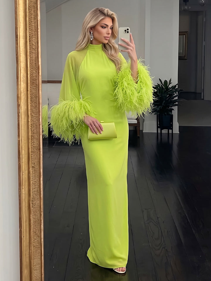 Chiffon Sheath High Neck Floor Length Sheer Sleeves Formal Dresses with Feather