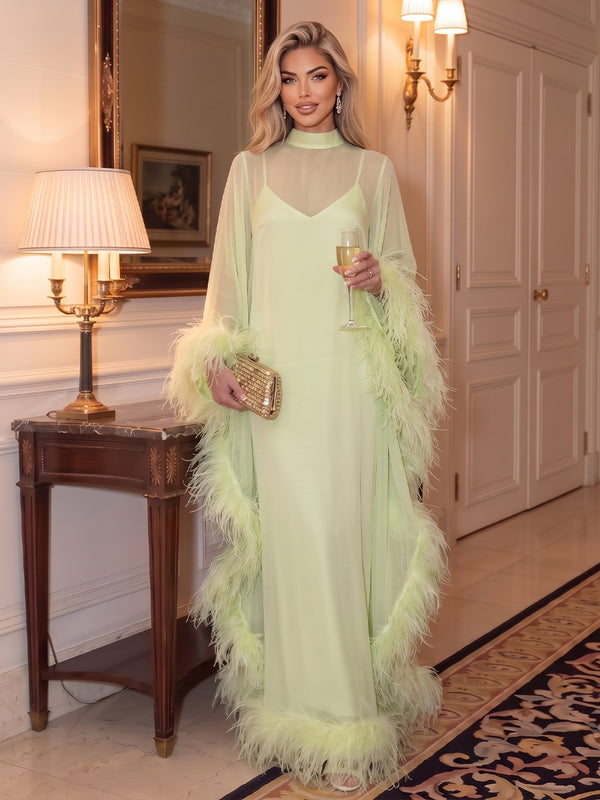Chiffon Kaftan High Neck Floor Length with Feather Formal Dresses