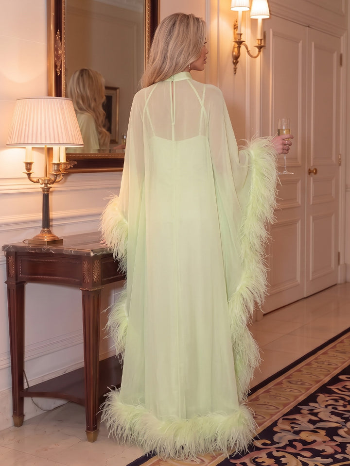 Chiffon Kaftan High Neck Floor Length with Feather Formal Dresses