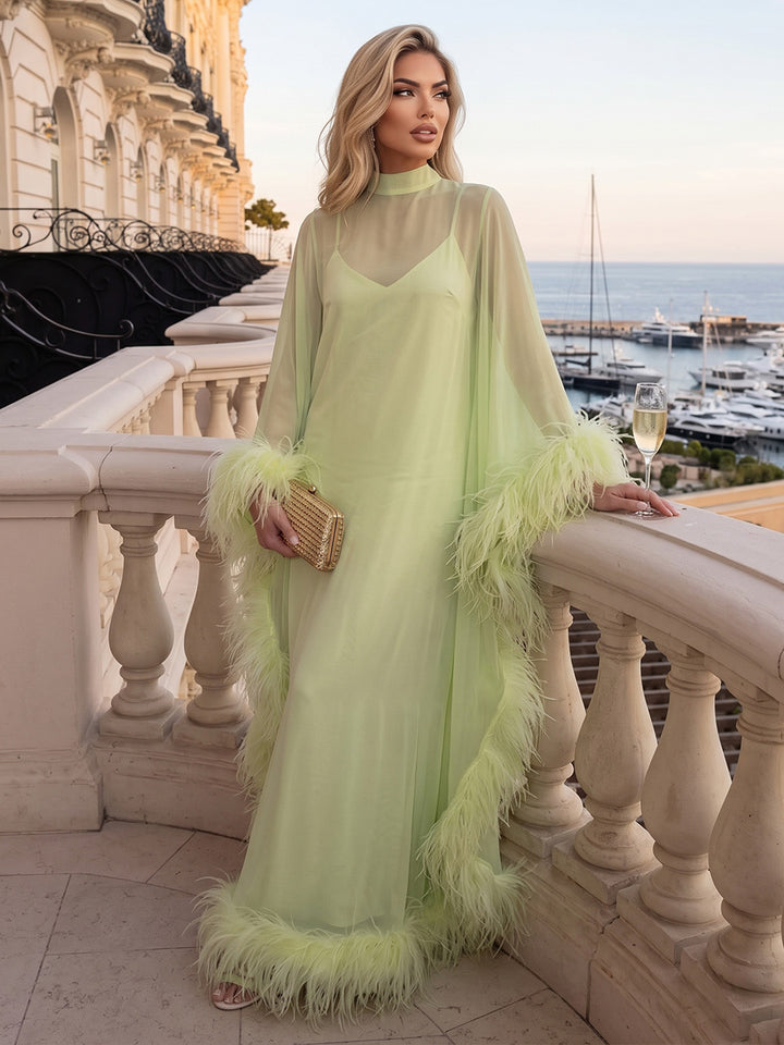 Chiffon Kaftan High Neck Floor Length with Feather Formal Dresses