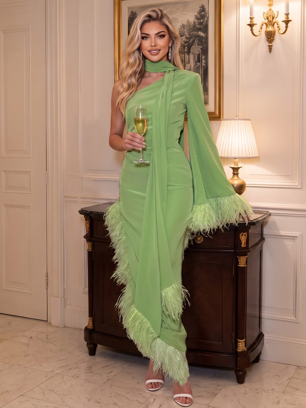 Velvet Sheath One Shoulder Floor Length with Feather Scarf Formal Dresses