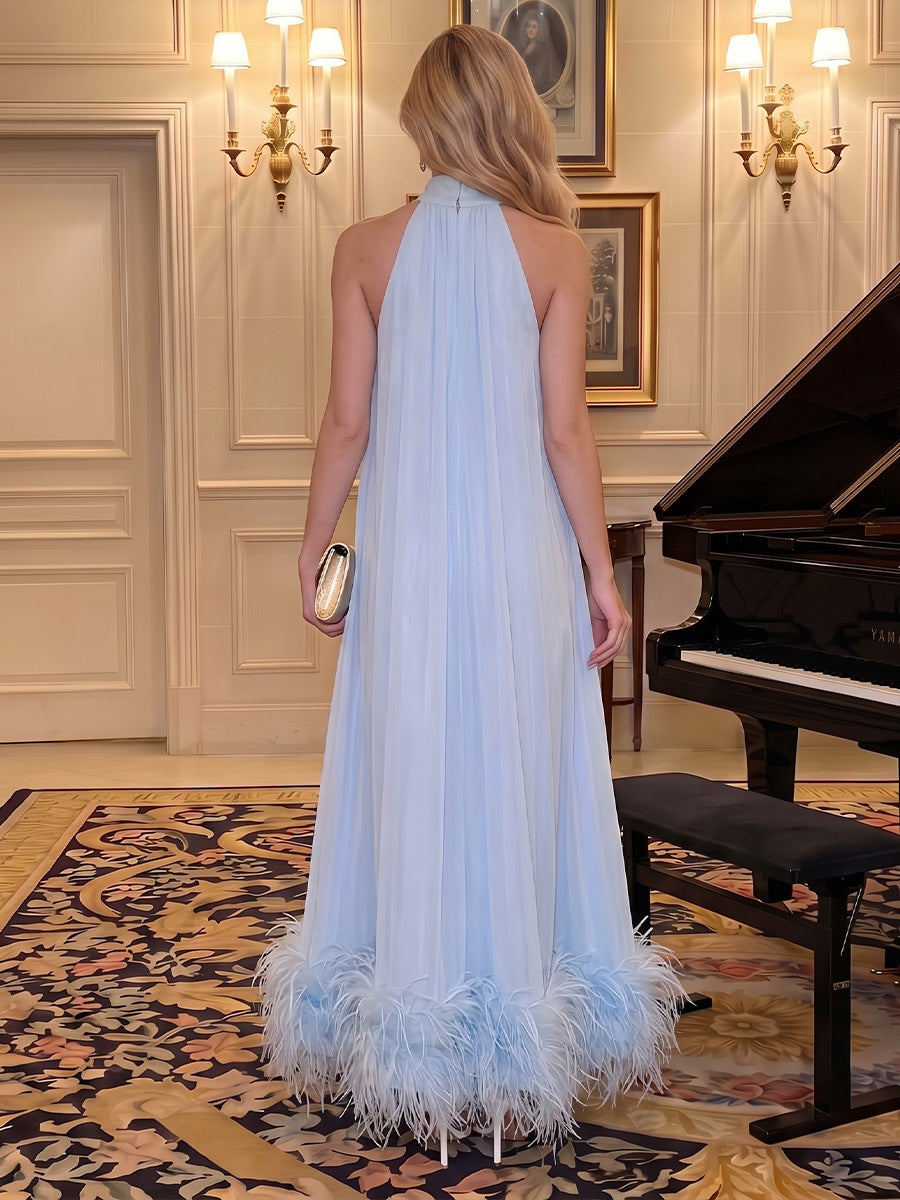 Chiffon Kaftan Halter Floor Length Halter Mock Neck Formal Dresses