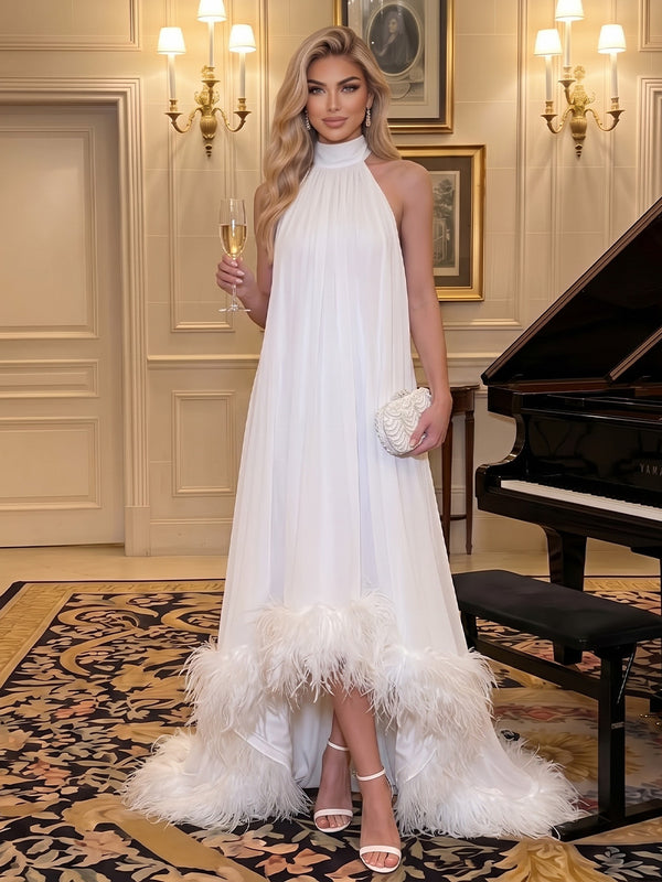 Chiffon Kaftan Halter Hi Lo Halter Mock Neck Formal Dresses