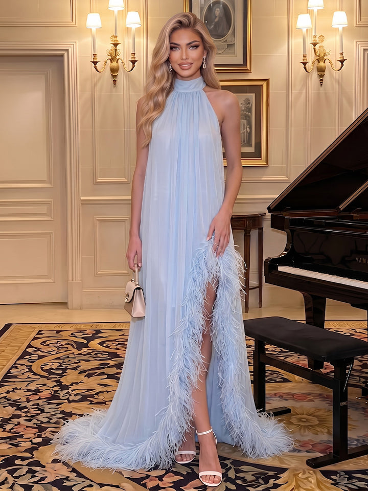Chiffon Kaftan Halter Floor Length Side Slit Formal Dresses