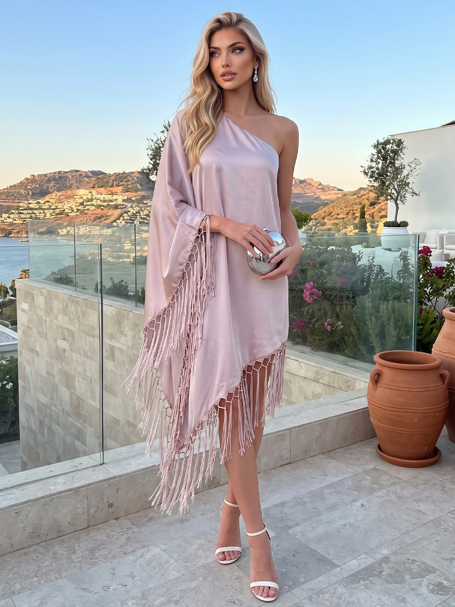 Satin Kaftan One Shoulder Tea Length Asymmetrical Hem Formal Dresses