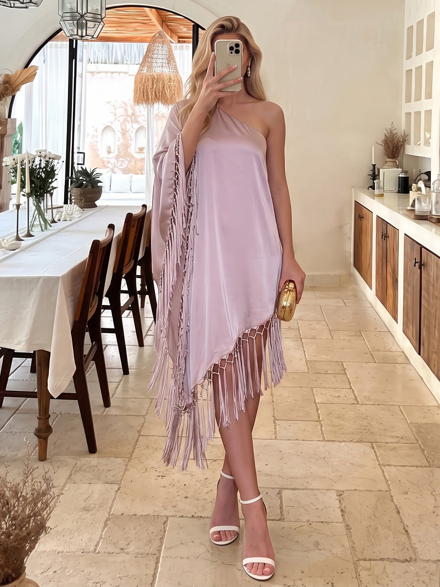 Satin Kaftan One Shoulder Tea Length Asymmetrical Hem Formal Dresses