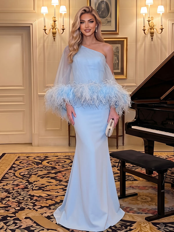 Satin Mermaid One Shoulder Floor Length Cape Sleeve Formal Dresses