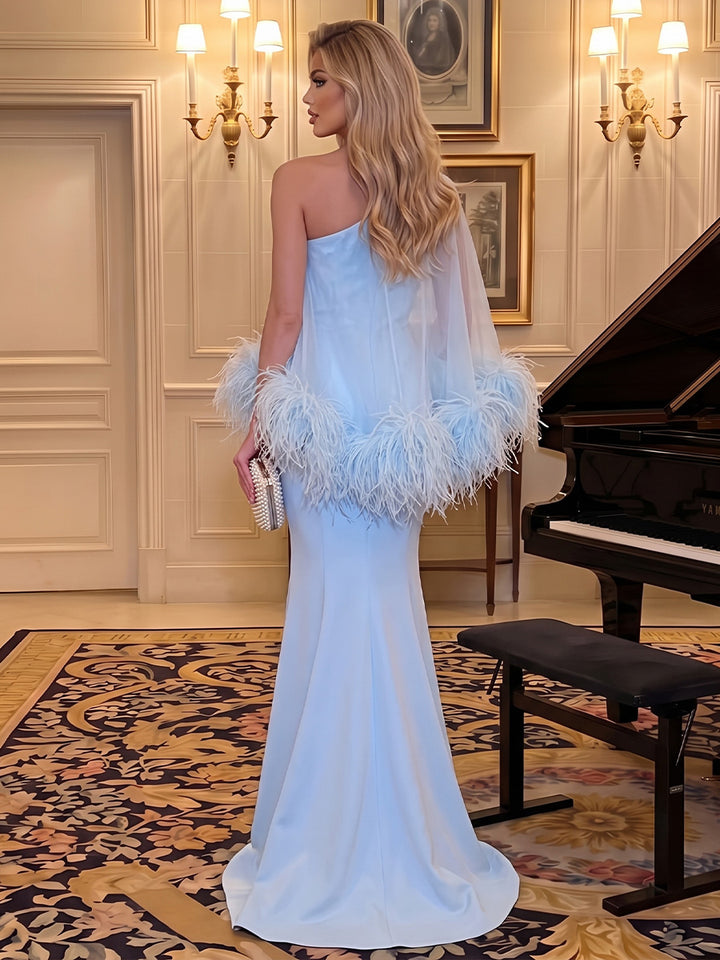 Satin Mermaid One Shoulder Floor Length Cape Sleeve Formal Dresses