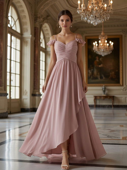Off the Shoulder Pleated Ruffles Chiffon Bridesmaid Dresses