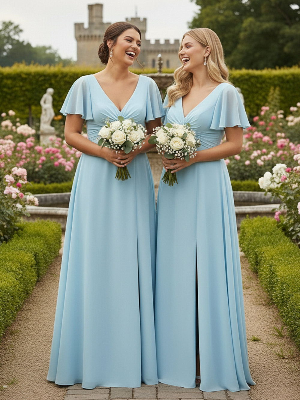 A Line V Neck Short Sleeves Bow Bridesmaid Dresses with Slit