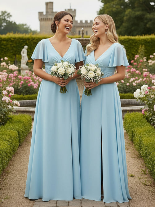 A Line V Neck Short Sleeves Bow Bridesmaid Dresses with Slit