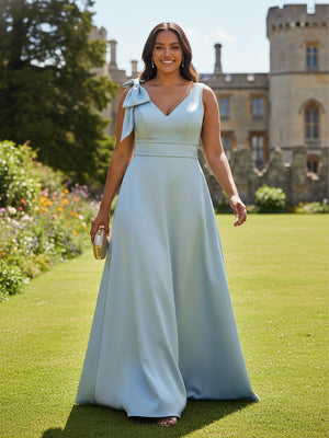 A Line V Neck Sleeveless Bow Satin Bridesmaid Dresses