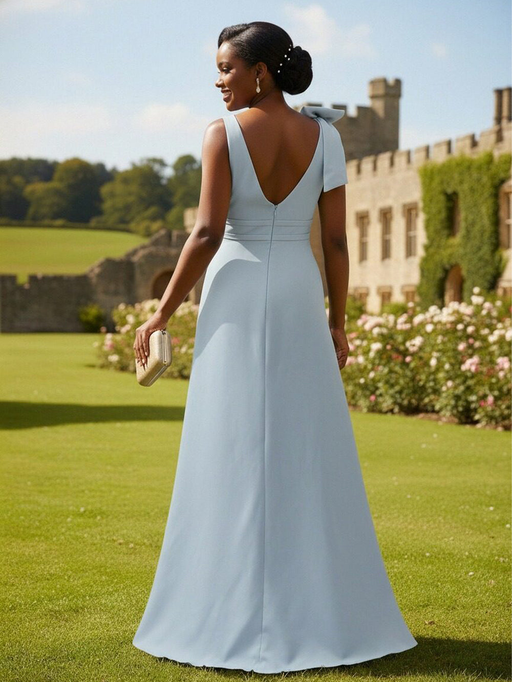 A Line V Neck Sleeveless Bow Satin Bridesmaid Dresses