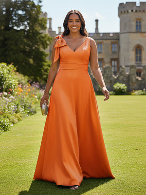 A Line V Neck Sleeveless Bow Satin Bridesmaid Dresses