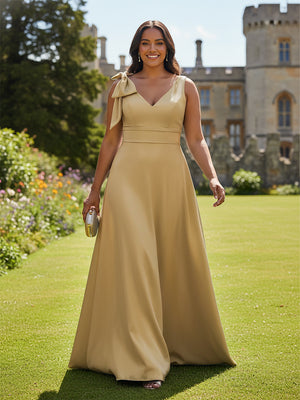 A Line V Neck Sleeveless Bow Satin Bridesmaid Dresses