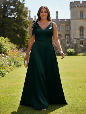 A Line V Neck Sleeveless Bow Satin Bridesmaid Dresses