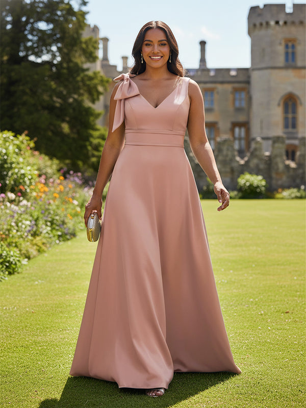 A Line V Neck Sleeveless Bow Satin Bridesmaid Dresses