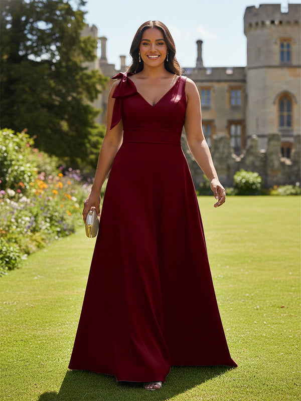 A Line V Neck Sleeveless Bow Satin Bridesmaid Dresses