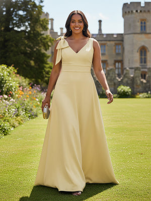 A Line V Neck Sleeveless Bow Satin Bridesmaid Dresses