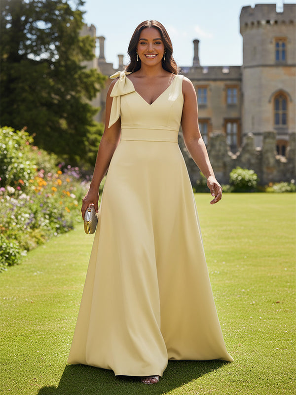 A Line V Neck Sleeveless Bow Satin Bridesmaid Dresses