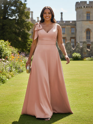 A Line V Neck Sleeveless Bow Satin Bridesmaid Dresses